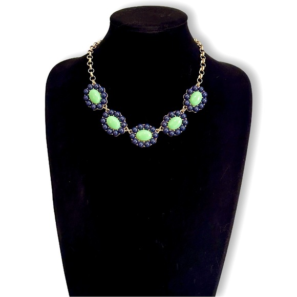 BANANA REPUBLIC Bold Navy & Mint Floral Cluster Bib Necklace | EUC - Picture 1 of 6